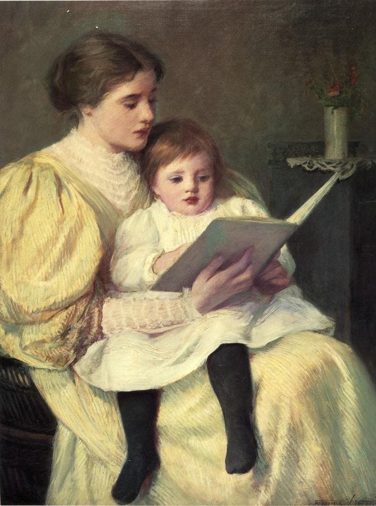 This may contain: a painting of a woman holding a child and looking at a book in her lap
