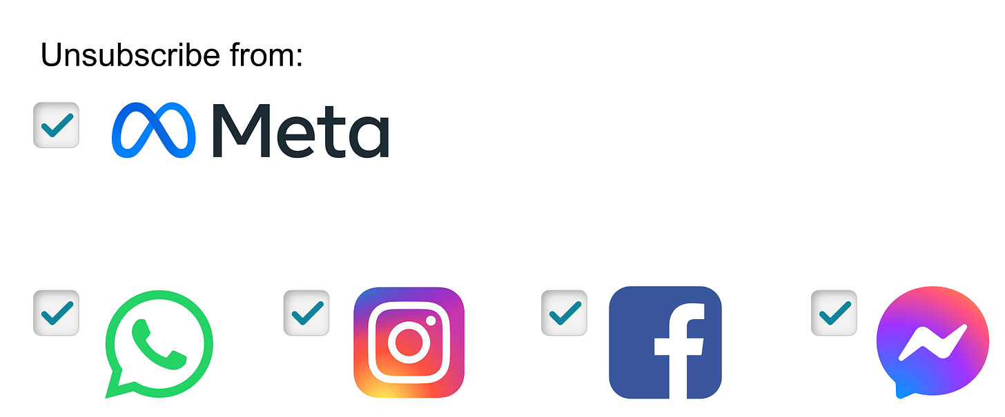 An interface with selected checkboxes, marked "unsubscribe from: Meta, WhatsApp, Instagram, Facebook, Messenger"