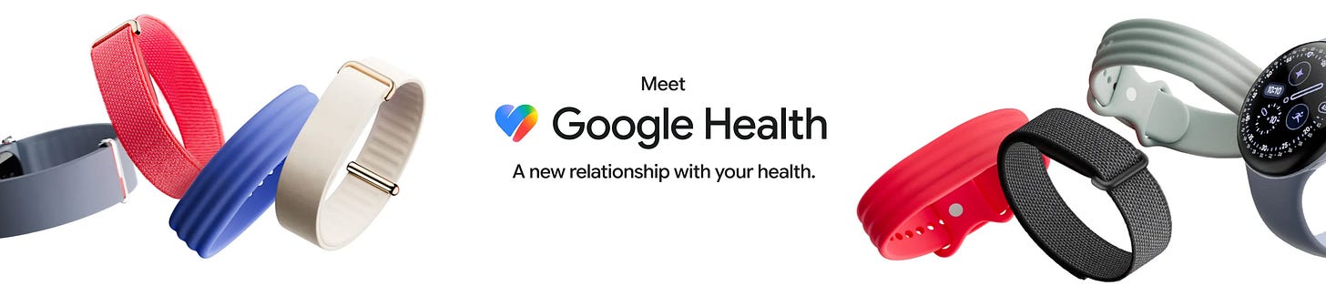 Google Health icon with Fitbit Airs on either side in multiple colors Google Health icon with Fitbit Airs on either side in multiple colors