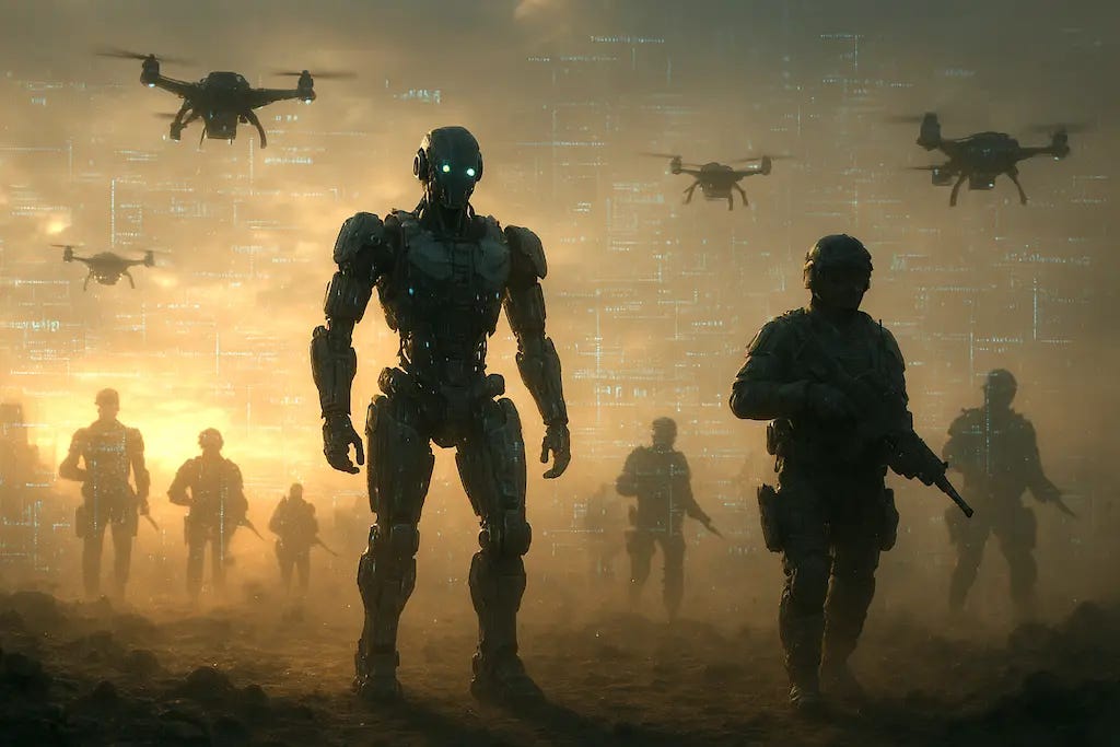 Batalha entre autômatos e humanos, com fluxos de informações táticas digitais em destaque.