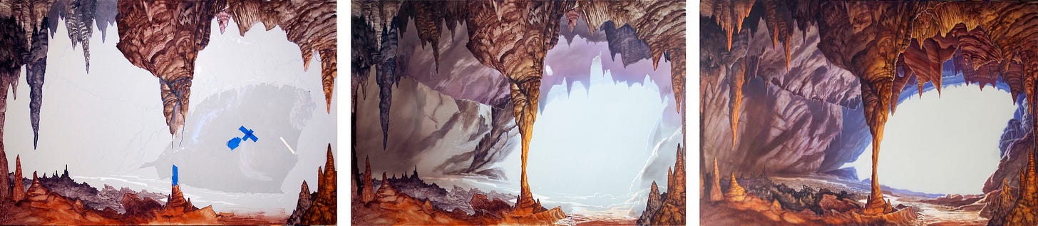 Three work-in-progress photos of A MEMORY OF LIGHT set side-by-side. The left has the least detail with the foreground details of stalactites and immediate cave floor. Acetate covers the space in between with the eye-shaped opening of the cave outlined in gray. Background detail has been added in the middle photo filling all of the space except the eye-shaped opening. In the middle of the panel, the stalactite and stalagmite formations connect into a thin pillar now. More rock texture and color has been added in the far right image. Depth has been created from foreground to background in the stone formations.