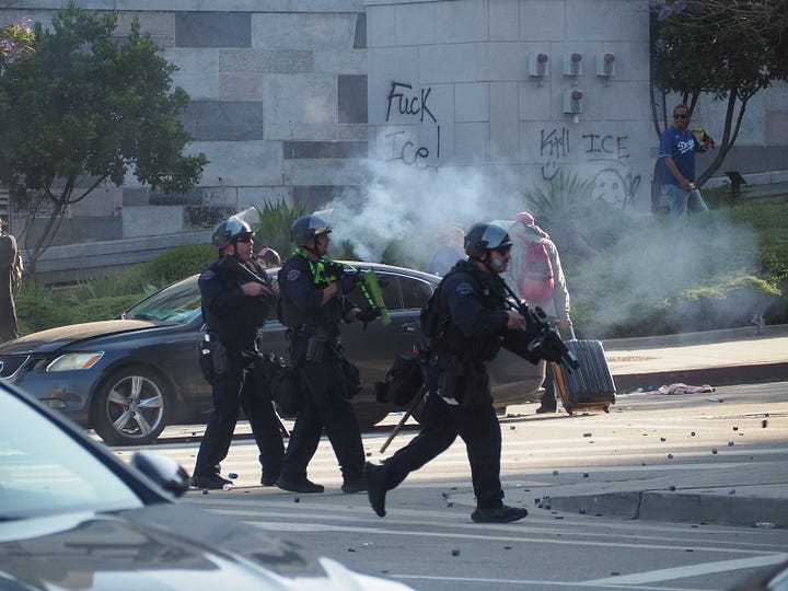 LAPD clashes with protesters near Los Angeles City Hall.