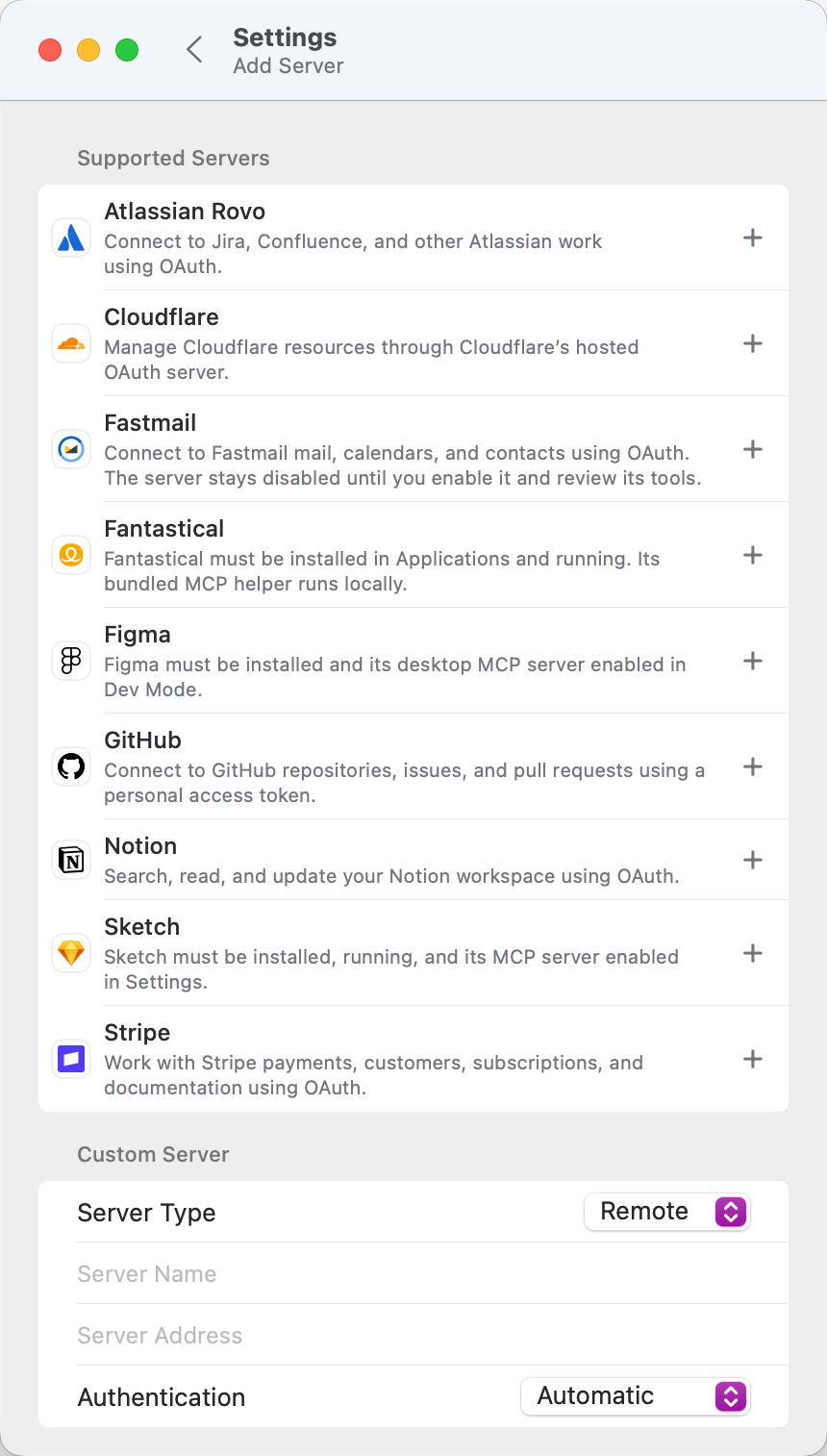 Screenshot showing new.space for Mac's MCP servers settings screen. Screenshot showing new.space for Mac's MCP servers settings screen.