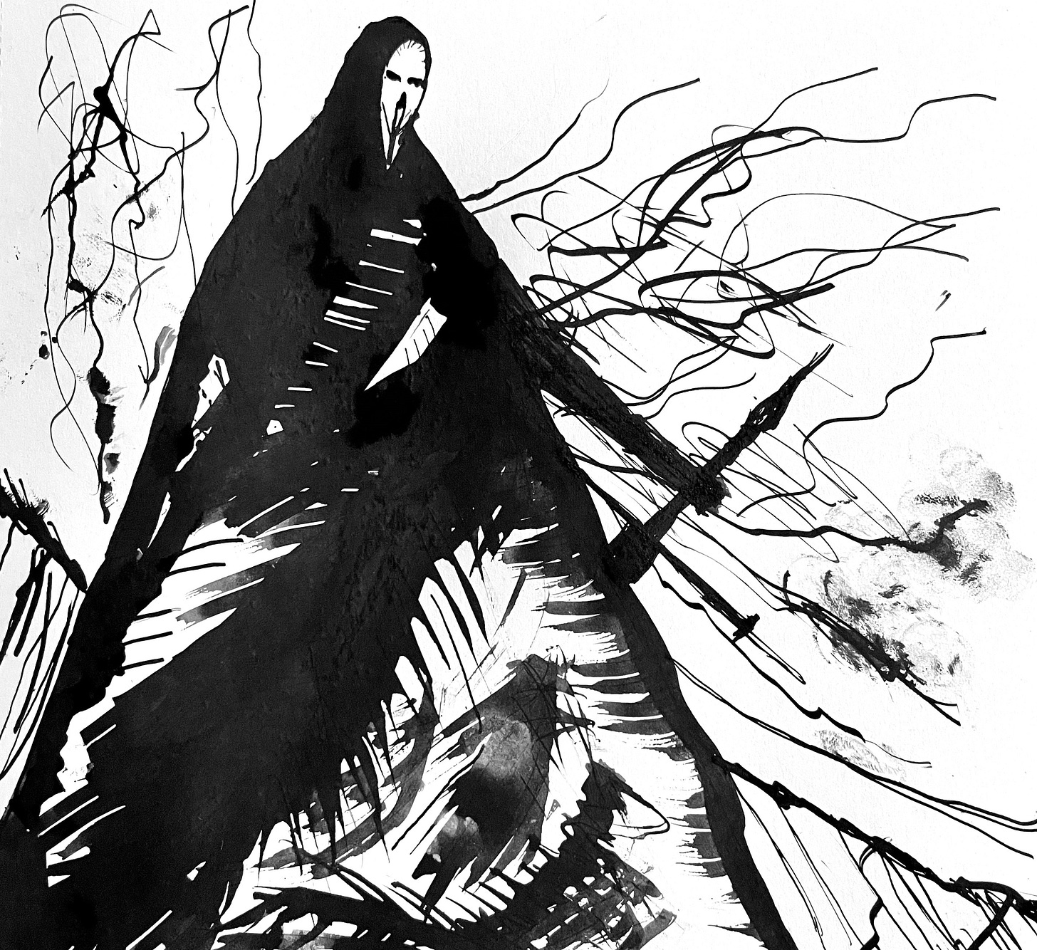 A towering and hooded ttrpg character with a large sword, drawn in black ink.