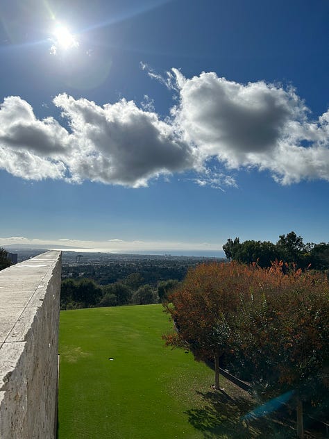 views from the Getty Center of the ocean and DTLA as well as the dining area on a balcony, and works of Van Gogh and Monet