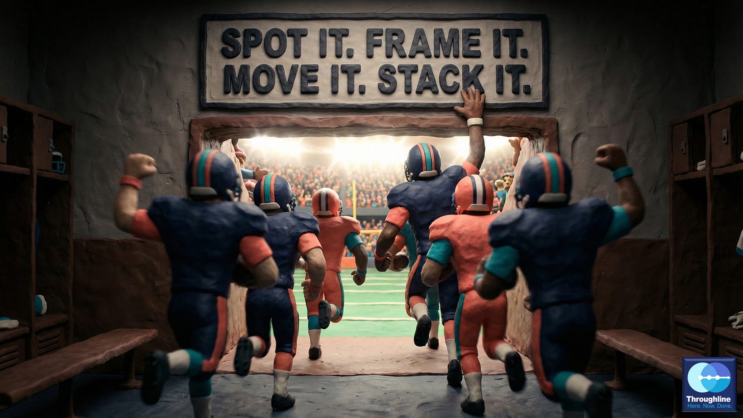 Claymation scene of football players in navy, coral, and teal uniforms running through a tunnel toward a bright stadium field. Shot from behind the players as they charge forward. Above the tunnel exit, a sign reads Spot It. Frame It. Move It. Stack It. One player reaches up to touch the sign as he passes beneath it. Packed stadium stands visible through the tunnel opening.