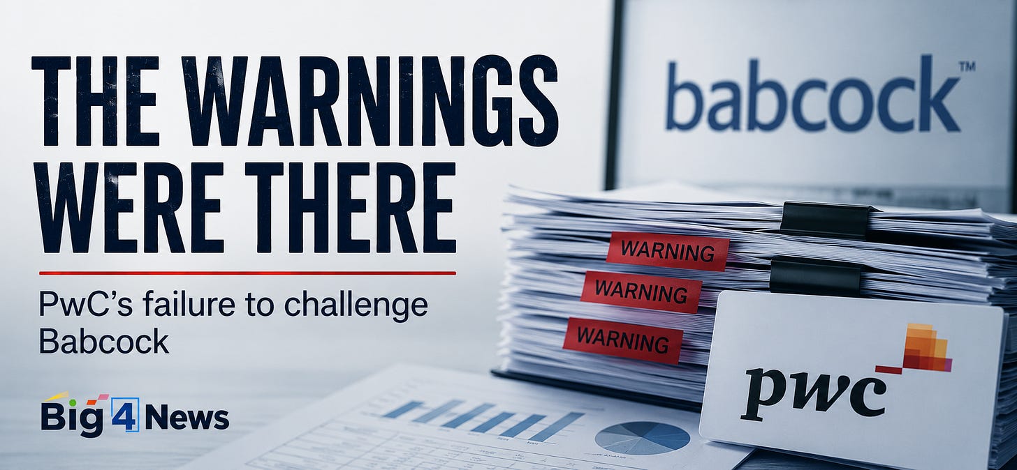Component auditors and PwC specialists raised clear warnings during the 2019 and 2020 Babcock audits. In several key areas, the group team did not respond adequately Component auditors and PwC specialists raised clear warnings during the 2019 and 2020 Babcock audits. In several key areas, the group team did not respond adequately