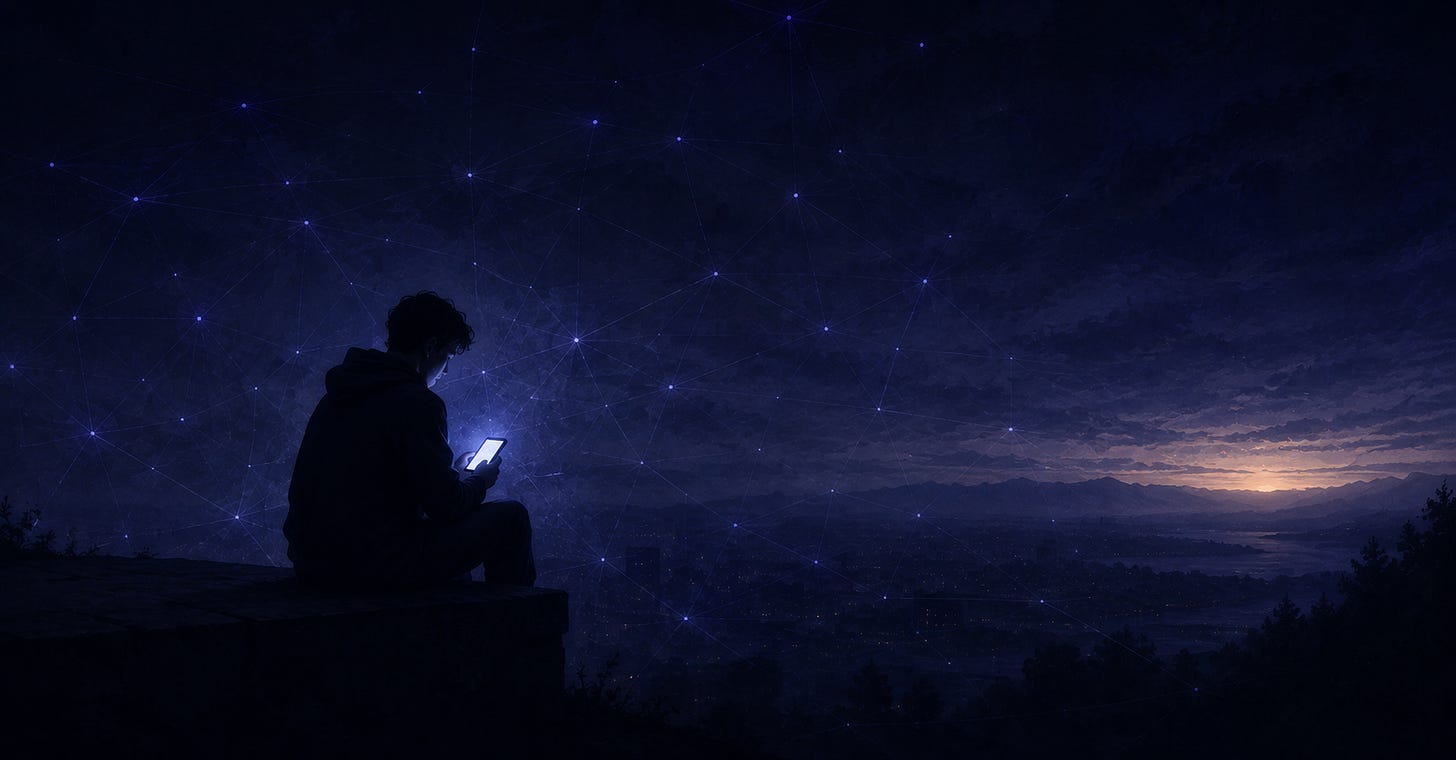 A solitary figure sits at night looking at a glowing phone, surrounded by faint network-like threads of light as dawn begins to break in the distance.