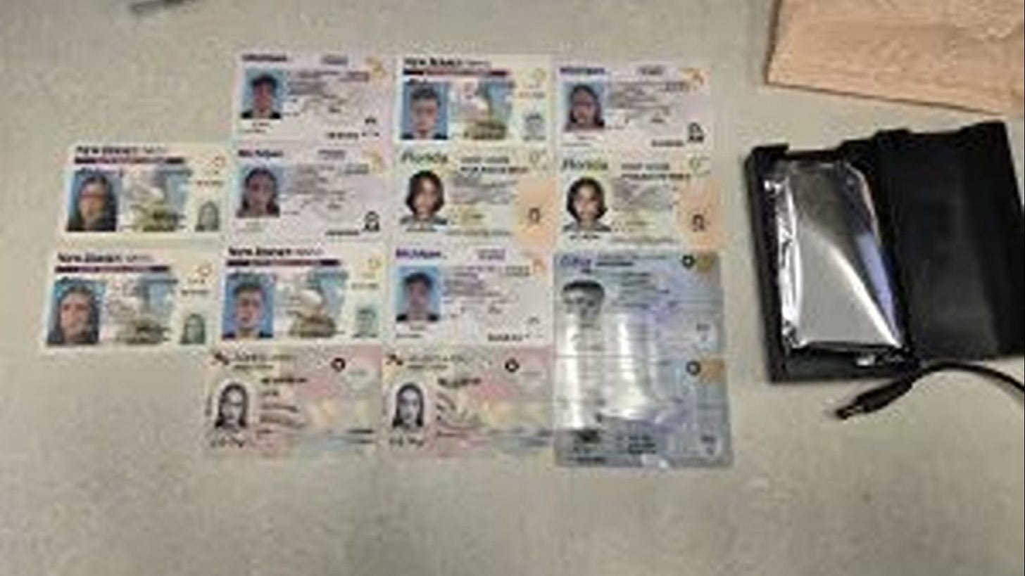 These Chinese-counterfeited US driver's Licenses, typically ordered by US college students, arrive at the start of every semester.