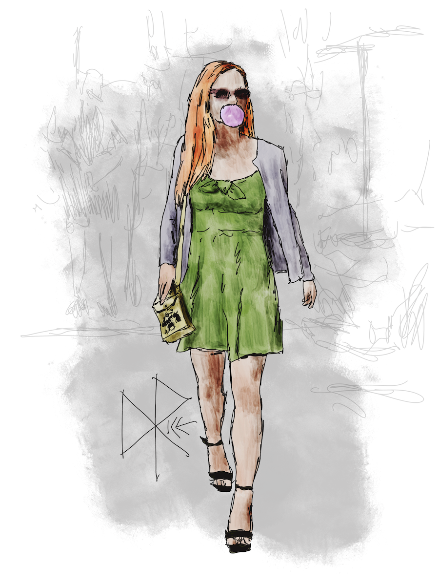 Caught mid-bubble, a young woman in a short dress and sweater walks the pedestrian crosswalk while chewing and occasionally inflating the gum in her mouth. Sketch art by Don Rice. Caught mid-bubble, a young woman in a short dress and sweater walks the pedestrian crosswalk while chewing and occasionally inflating the gum in her mouth. Sketch art by Don Rice.