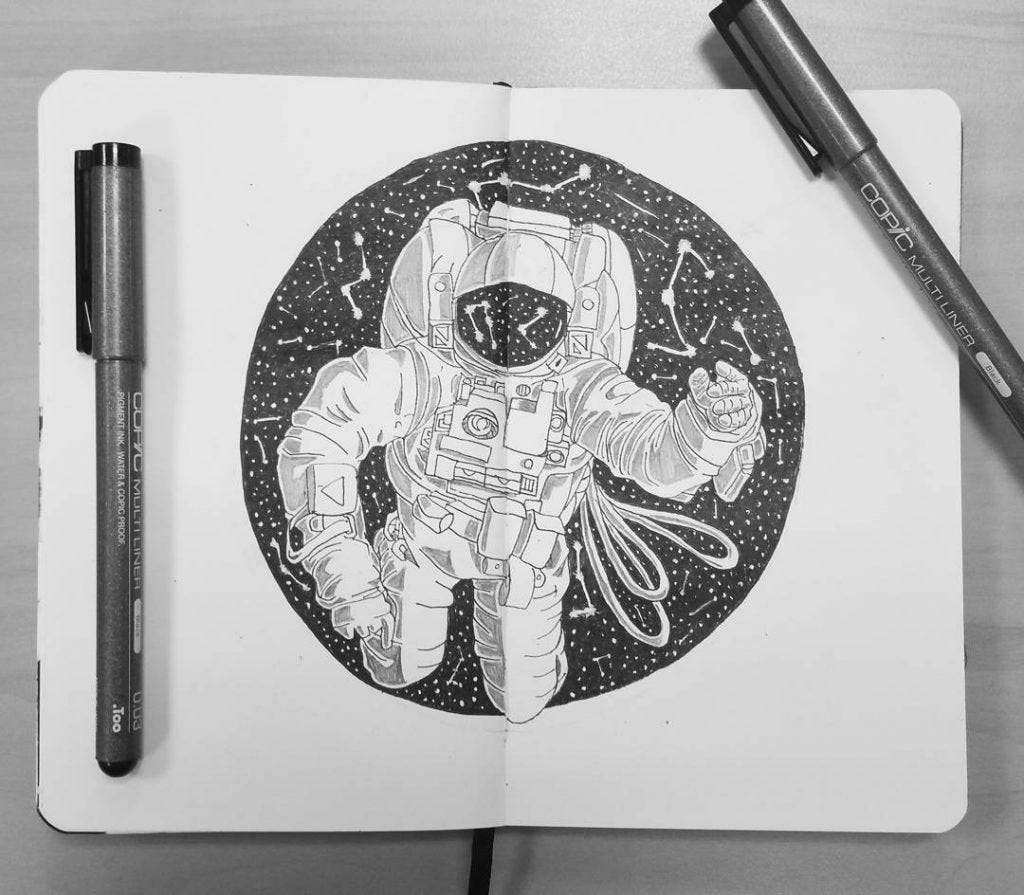 Drawing of an astronaut in space. Drawing of an astronaut in space.
