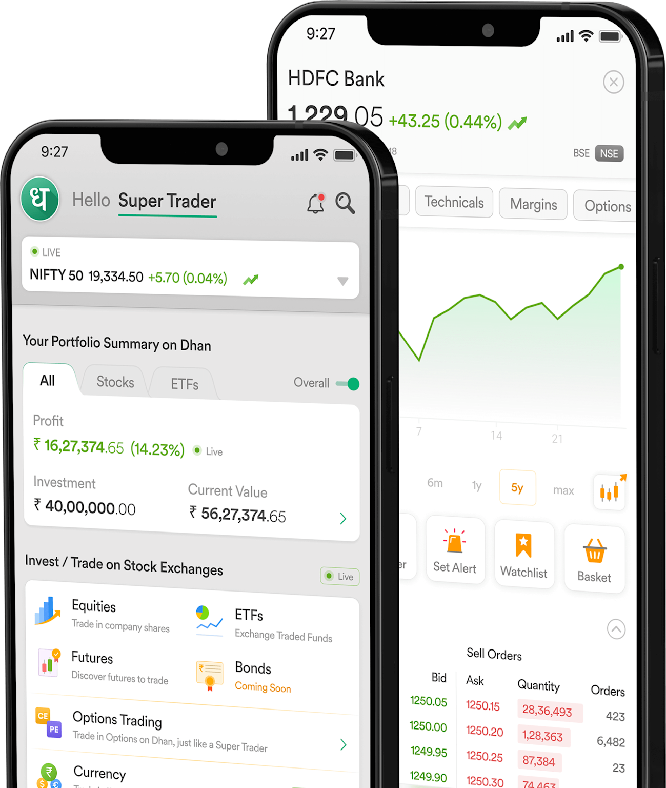 Mobile screens displaying the Dhan trading app showing live market data, portfolio summary, and stock trading details relevant to retail investor activity