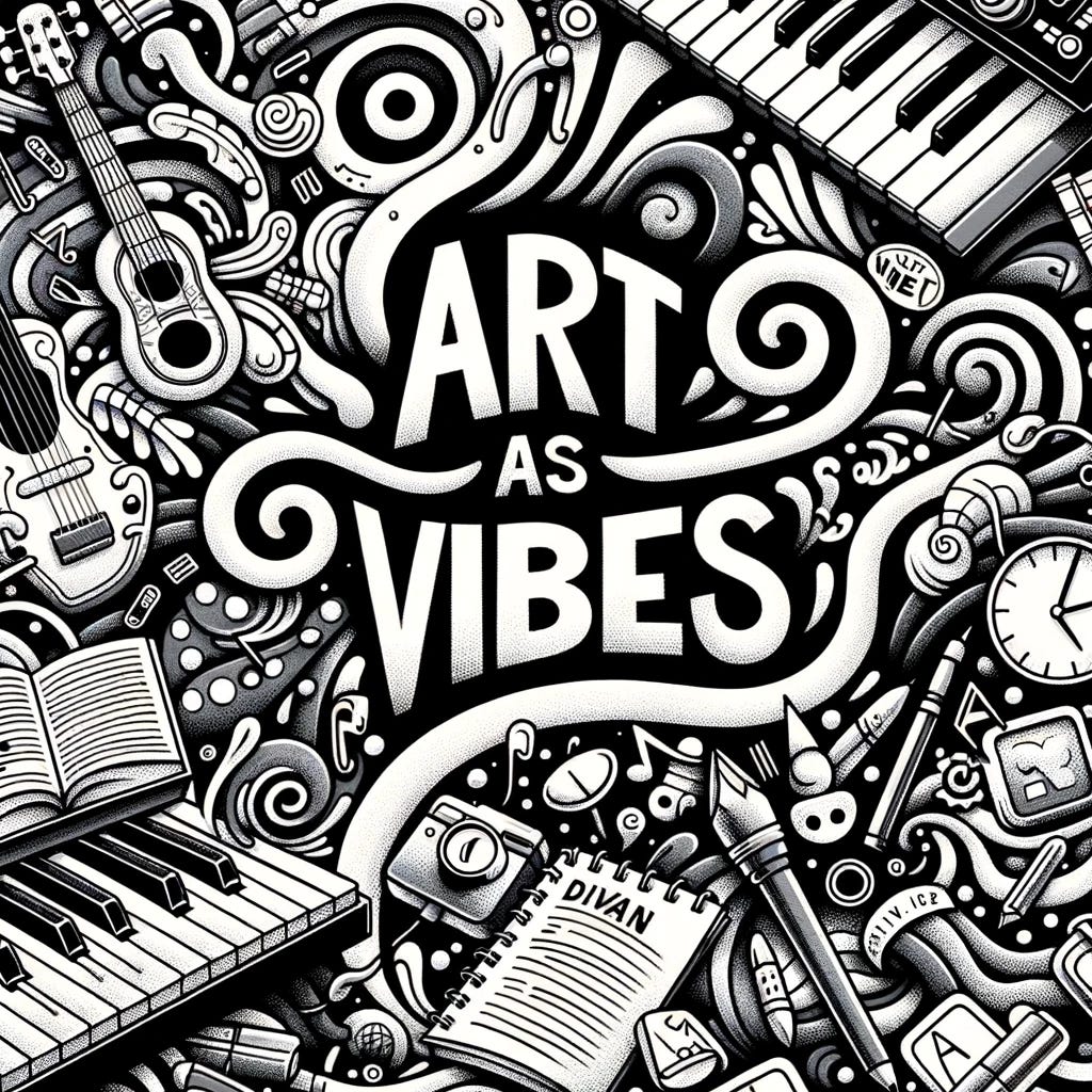 Black and white cartoon illustration with the title 'Art As Vibes' prominently displayed. The background should feature abstract patterns that swirl and dance, evoking a sense of movement and rhythm. Scattered throughout should be objects related to learning and habitualisation, like a bicycle, keyboard, divan, and work tools. The overall feel should be abstract and thought-provoking, highlighting the intertwining of art and daily vibes. Black and white cartoon illustration with the title 'Art As Vibes' prominently displayed. The background should feature abstract patterns that swirl and dance, evoking a sense of movement and rhythm. Scattered throughout should be objects related to learning and habitualisation, like a bicycle, keyboard, divan, and work tools. The overall feel should be abstract and thought-provoking, highlighting the intertwining of art and daily vibes.