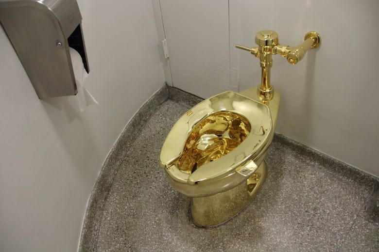 The fully functional 'America' toilet made from 18-karat gold has been opened in the Guggenheim Muse...