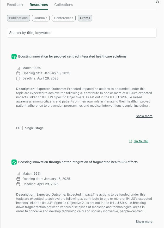 Grant suggestions list in thesify Resources sidebar. thesify Resources panel on the Grants tab showing EU funding calls with match scores, opening dates, deadlines, and Go to Call links.