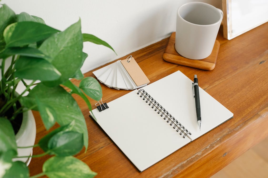 Free A tidy workspace featuring a notebook, pen, and potted plant, perfect for a modern office setting. Stock Photo