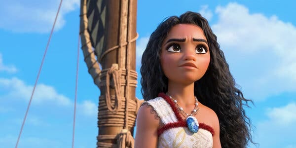 A woman with long dark hair stands on a ship, looking out to the sky with determination. 