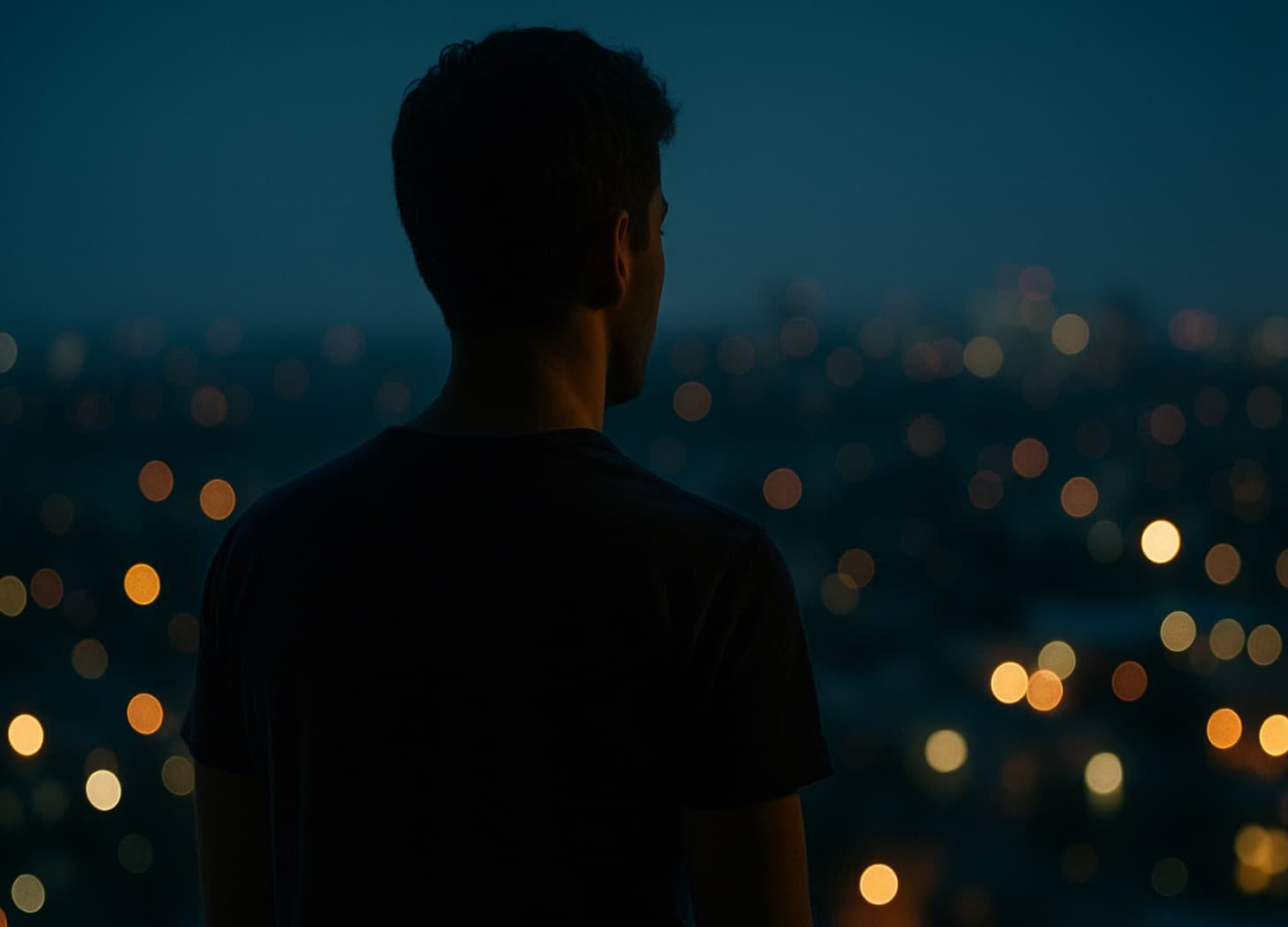A man alone at night, back turned, city lights blurred in the background