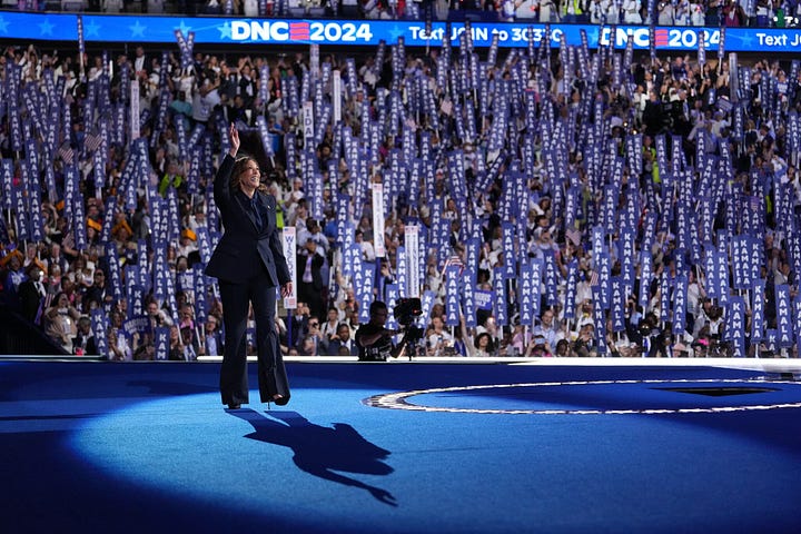 You must have seen some variation of this Pledge of Allegiance picture, the delegates wearing white to honor women’s suffrage—and the anticipated next step. The emphasis on women was so absolute that Kamala Harris’s ascendency often felt less like the highlight than the subtext.
