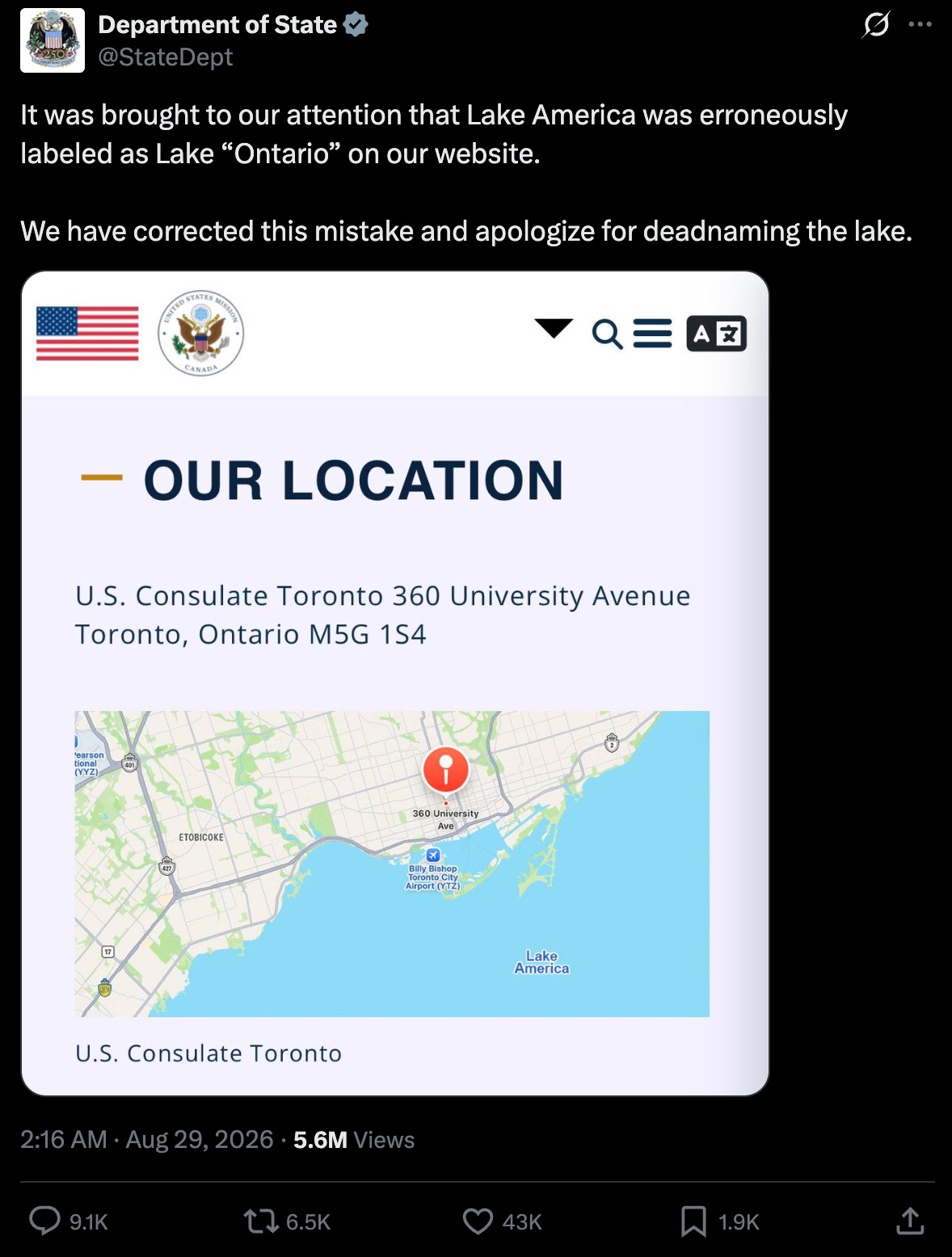 State Dept: It was brought to our attention that Lake America was erroneously labeled as Lake “Ontario” on our website. We have corrected this mistake and apologize for deadnaming the lake. State Dept: It was brought to our attention that Lake America was erroneously labeled as Lake “Ontario” on our website. We have corrected this mistake and apologize for deadnaming the lake.