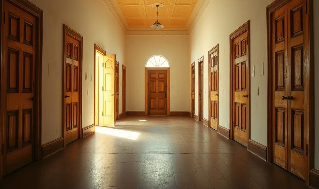 Vintage hallway with many closed doors and only one open door with light representing the paradox of clarity and narrowing opportunities with age