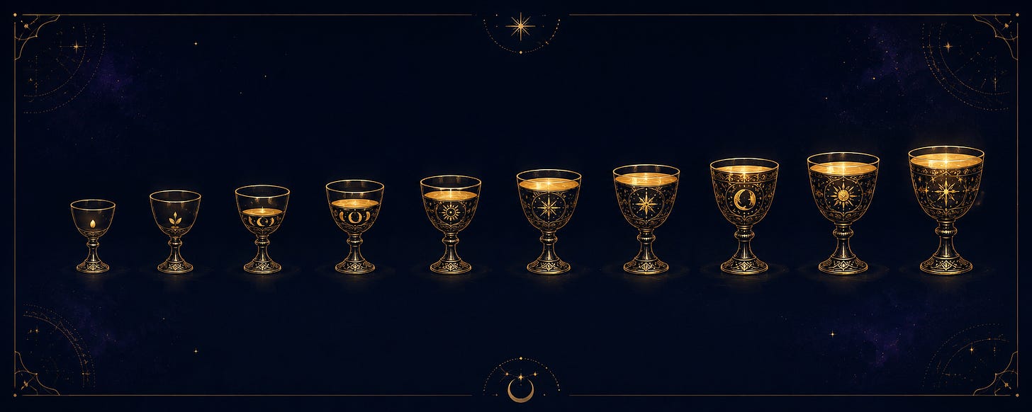 Ten small golden cups arranged in a row against a deep blue starfield.