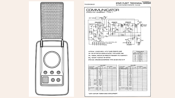 Images of technical drawing of a Star Trek communicator alongside a Motorola Star Tak phone.