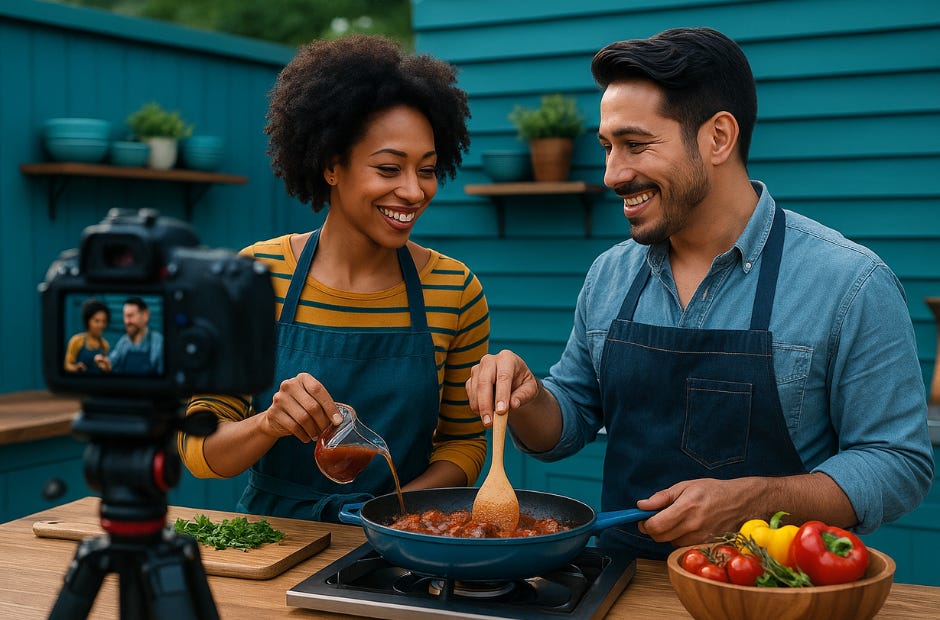 Milo and Kate smiling while cooking together in their backyard kitchen in front of a camera tripod setup.