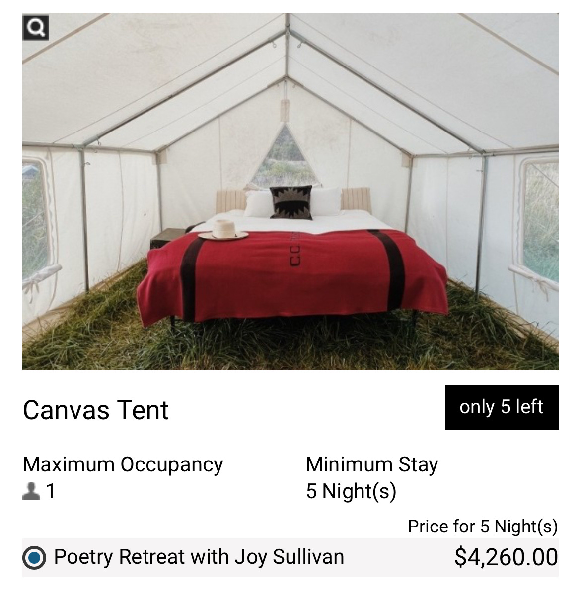 A screenshot of a booking page that shows Joy Sullivan's 5-night canvas tent retreat for $4,260. A screenshot of a booking page that shows Joy Sullivan's 5-night canvas tent retreat for $4,260.