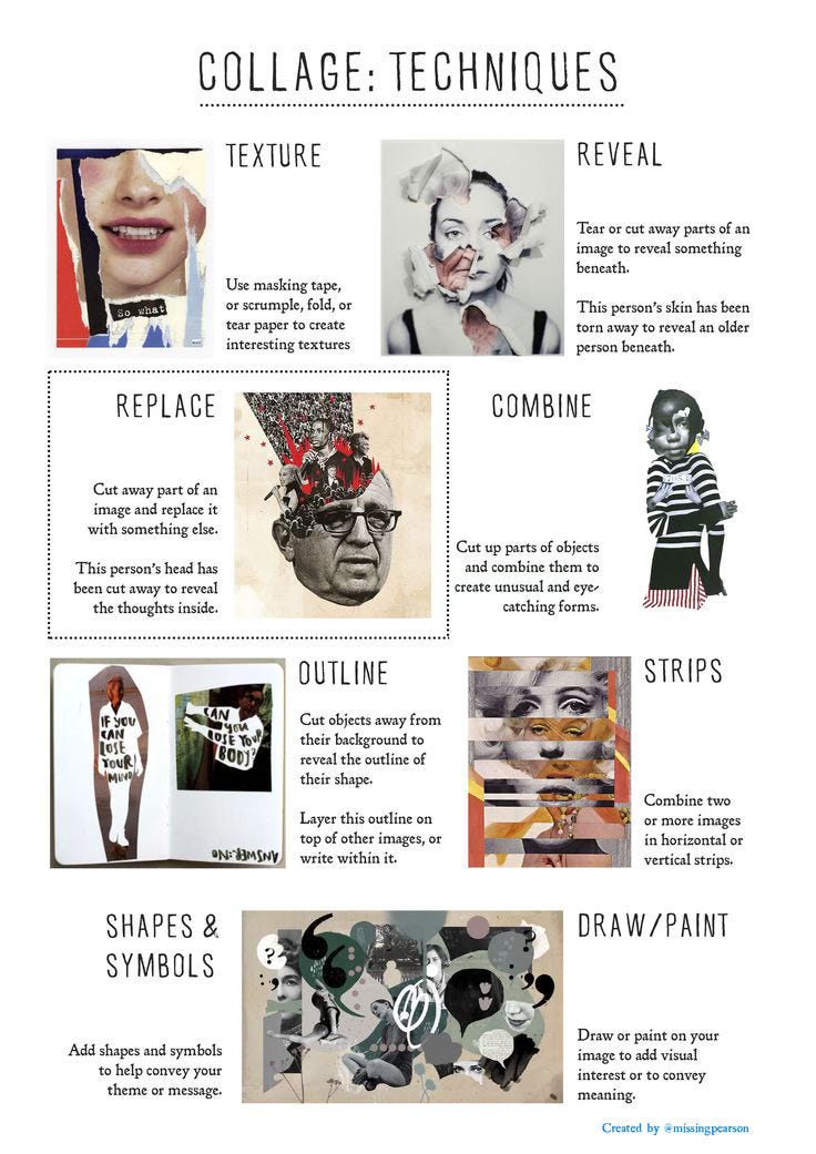 Collage techniques including texture, replacing parts, outlining, strips