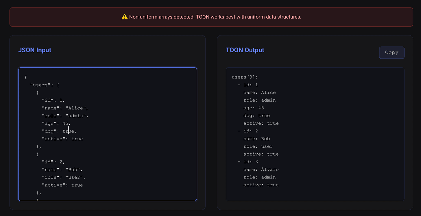 Aviso de JSON no uniforme detectado en la herramienta de JSONtoTOON
