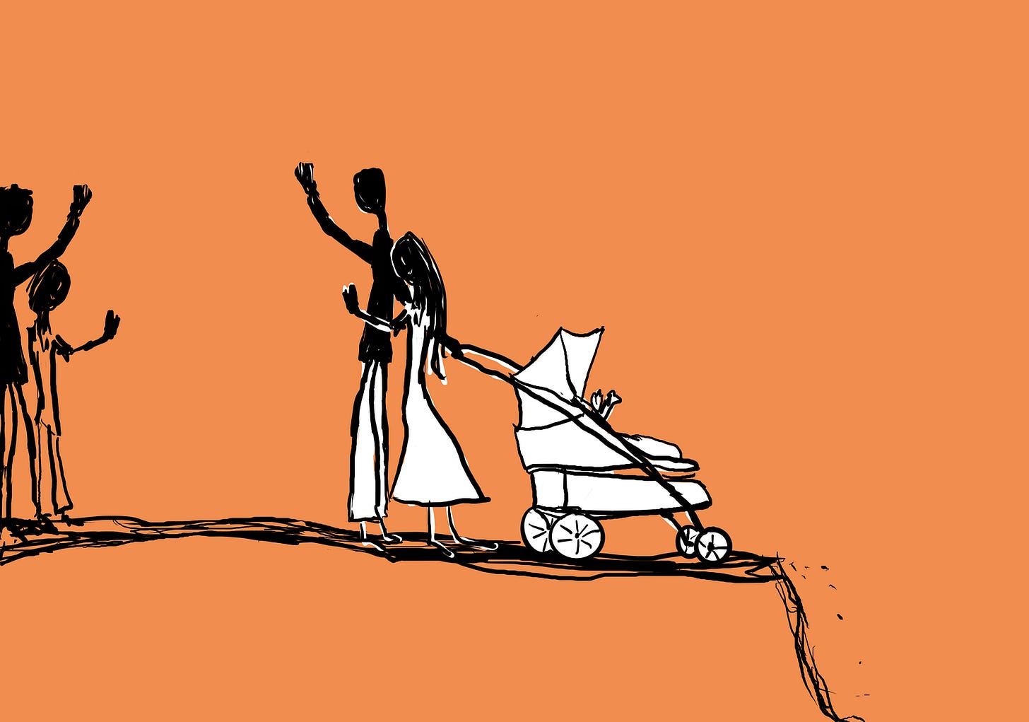 A sketch of a couple with a pram looking back and waving at some people while their forward motion carries them off a cliff