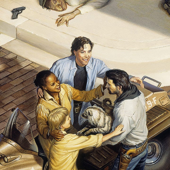 LEFT: Figure detail from KA-TET featuring an ominous high angle view focused on Eddie standing on the far side of the Ka-tet as they link arms in a circle. He wears a sky blue shirt unbuttoned to reveal a dark t-shirt beneath. The metal buckle of his gun belt shows just below the waist of his jeans. His smile is dimpled, warm and sincere in the company of his friends.  RIGHT: Detail from KA-TET featuring the corpses of Vampires and Low Men lying on the earth-toned street. Blood dots the foreheads of most, running bright red in the channel between bricks. Can-Toi heads atop human bodies represent a variety of animals (mole, rat, hawk). A rodent visage emerges from human mask on one corpse. A variety of guns, ranging from revolvers and semi-automatic pistols to a combat shotgun, lay discarded.