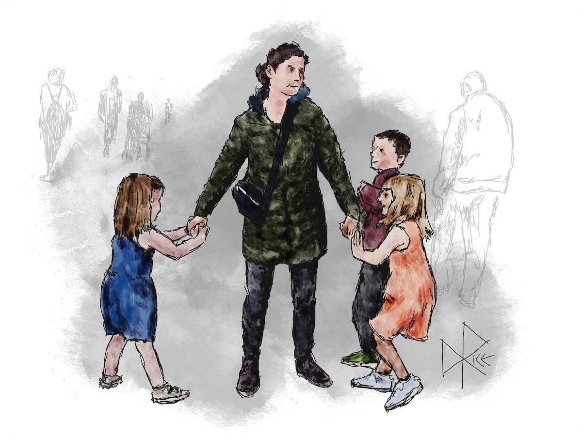 At the mall, three young children playfully pull at the arms and jacket of a woman. Sketch art by Don Rice. At the mall, three young children playfully pull at the arms and jacket of a woman. Sketch art by Don Rice.