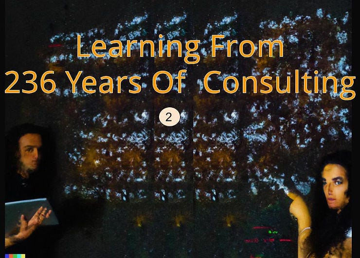 illustration of two consultants pointing to the 236+ years of consulting experience they’ve unearthed in cave paintings.