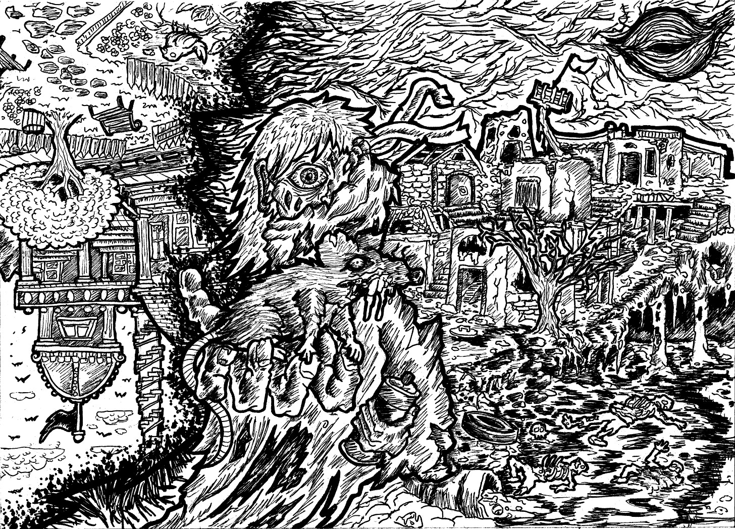 A black and white illustration of one of the Rats holding a can of spray paint in one hand and a literal rat in the other. The background shows the ugly Surface on one side, and the inviting Underneath on the other.