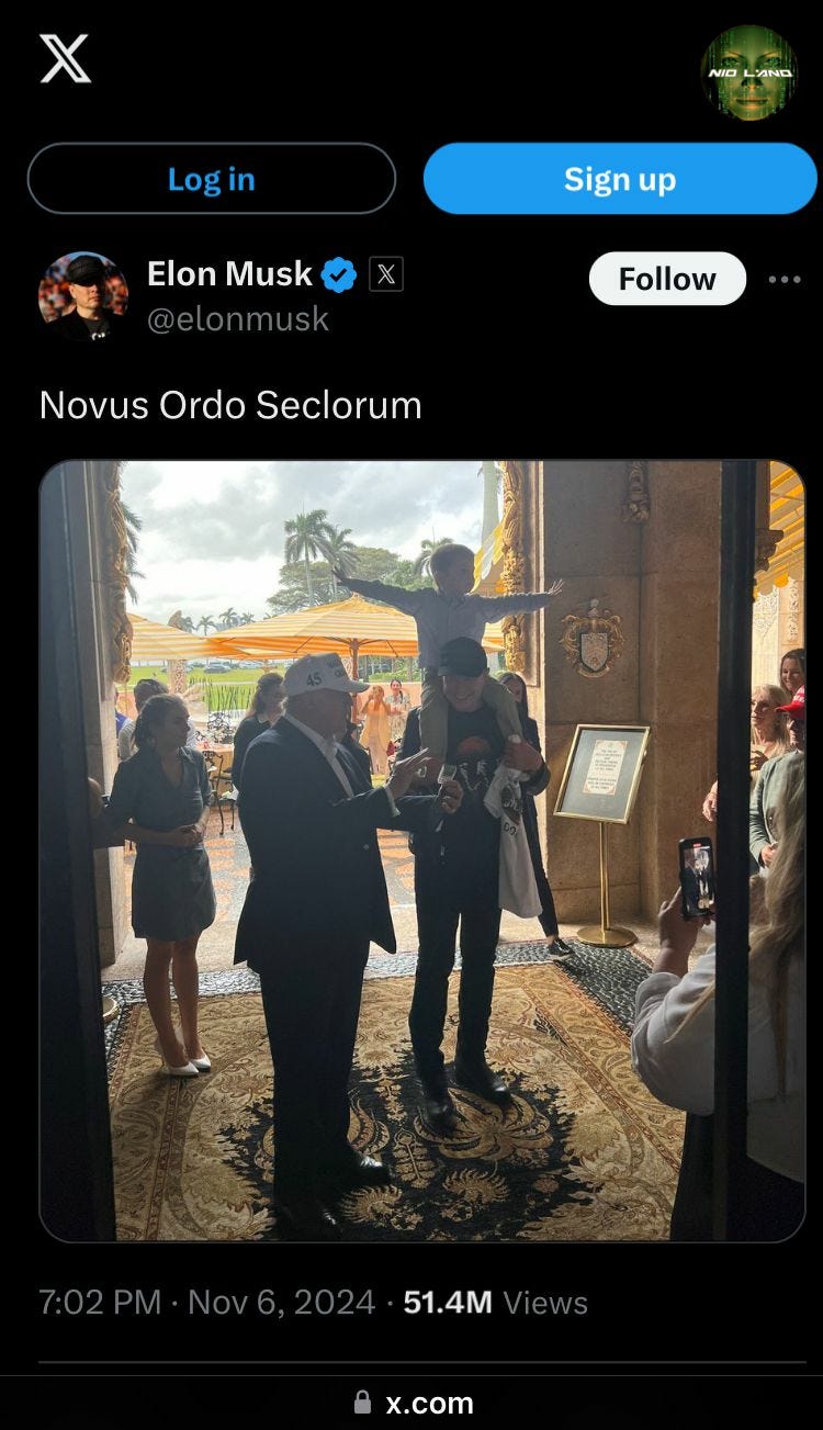 Image du jour : Le tweet d'Elon Musk suite à la victoire de Trump &quot;Novus Ordo Seclorum&quot; (mis à jour)