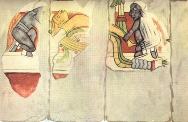 A part of a mural showing a blond-haired man being sacrificed by two black men.