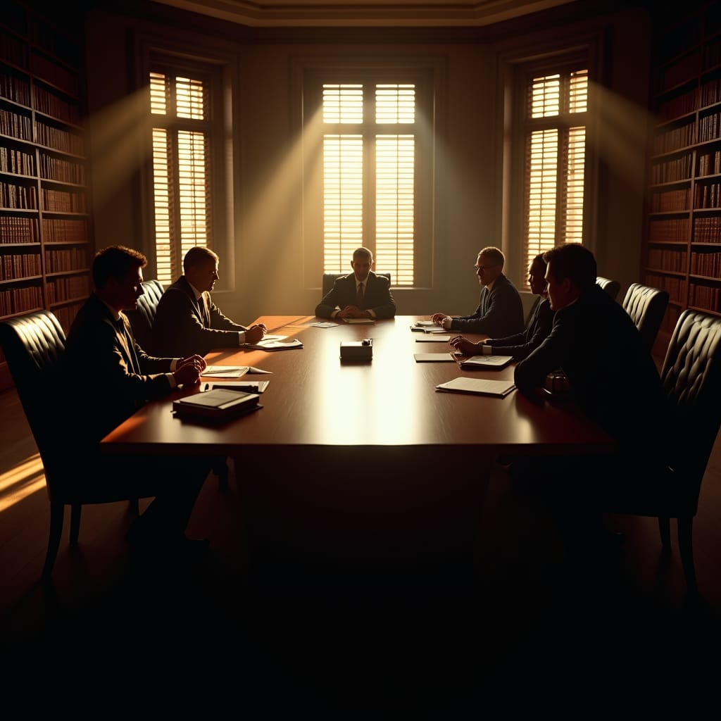 Experienced attorneys gathered around a large mahogany table in a dimly lit, high-ceilinged conference room, surrounded by walls lined with rows of leather-bound law books, warm sunlight filtering through the wooden shutters, casting a golden glow on the scene.