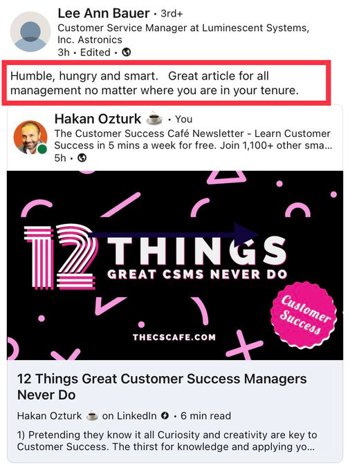 Testimonial from a Happy Reader of TheCScafe - The Weekly Customer Success Cafe Newsletter , by Hakan Ozturk