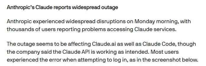 TechCrunch article reporting "Anthropic's Claude reports widespread outage" with thousands of users unable to access Claude.ai and Claude Code on Monday morning