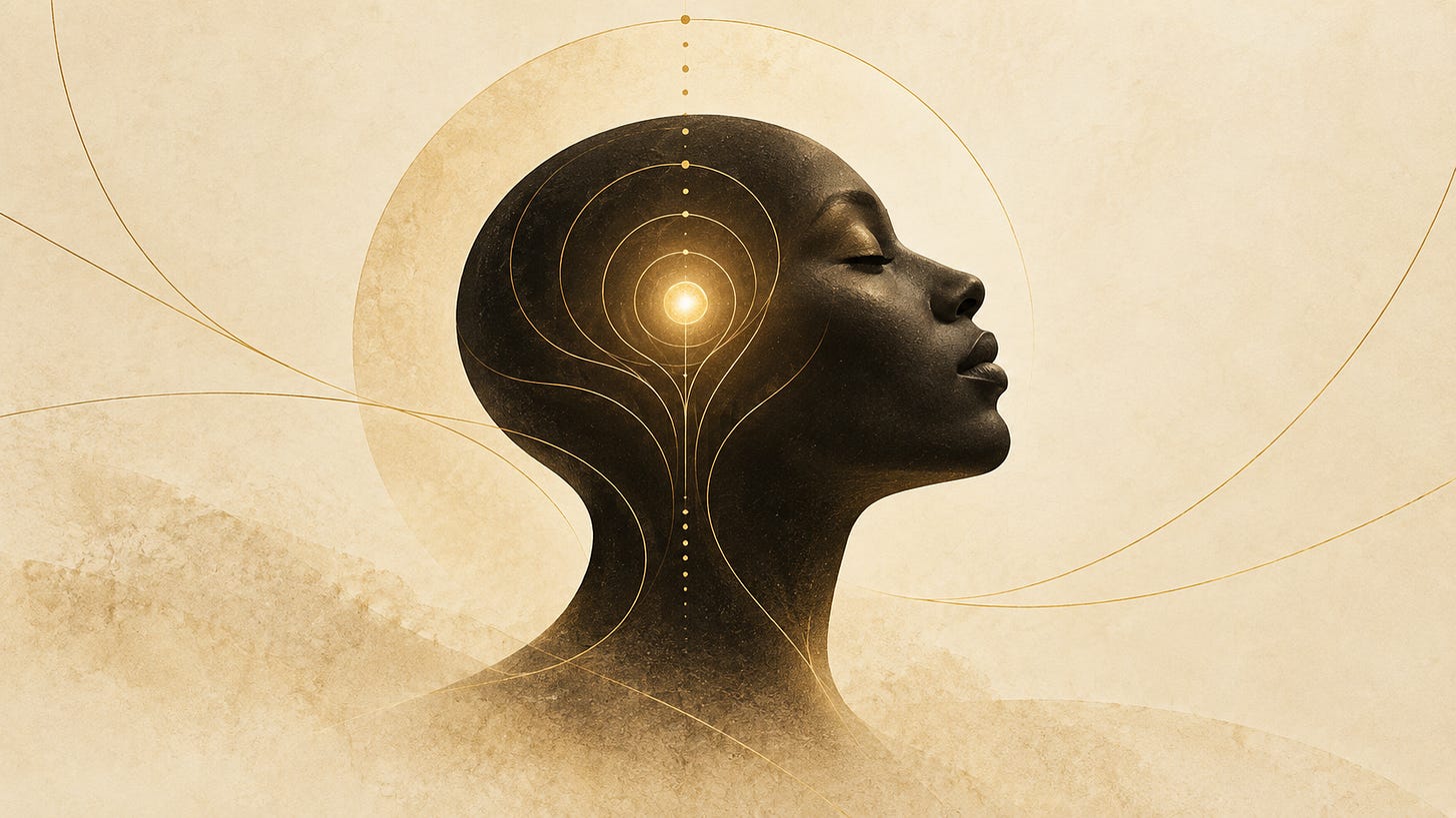 Abstract profile of a Black person with closed eyes against an ivory background, crossed by delicate golden lines converging around a luminous point within the head, representing Orí, destiny, inner awareness, and spiritual direction.