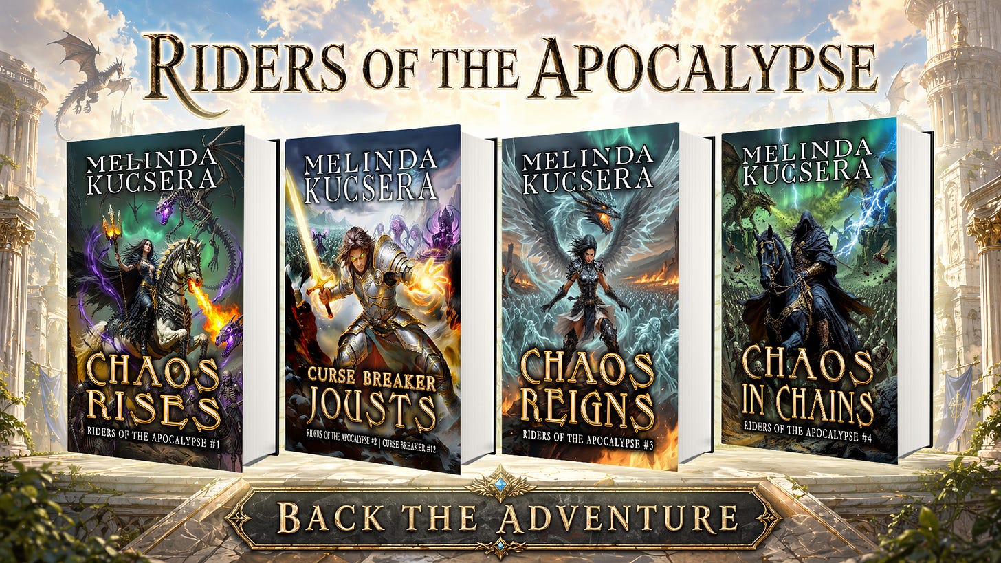 Kickstarter banner for Riders of the Apocalypse, a humorous fantasy series by Melinda Kucsera.