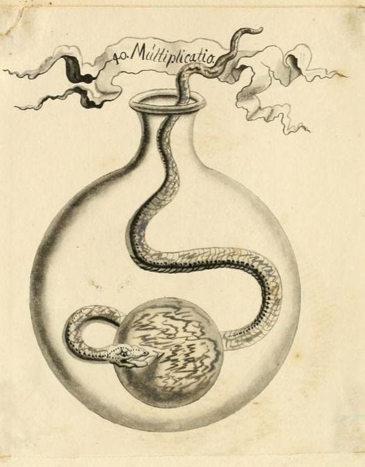 This may contain: a drawing of a vase with a snake in it's mouth and clouds above
