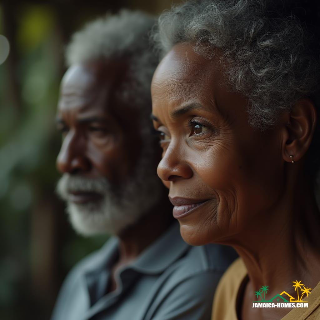 A beautiful Jamaican couple, middle-aged, with grey hair, their faces showing a pensive, thoughtful expression as they consider selling their home. The shot is a close-up, capturing the nuances of their emotions. Cinematic film still, shot on V-Raptor XL, featuring film grain, a subtle vignette, professional color grading, and post-processing for a polished look. The lighting is dramatic and cinematic, with the atmospheric quality of 35mm film, creating a masterpiece of a live-action shot with epic, stunning detail.