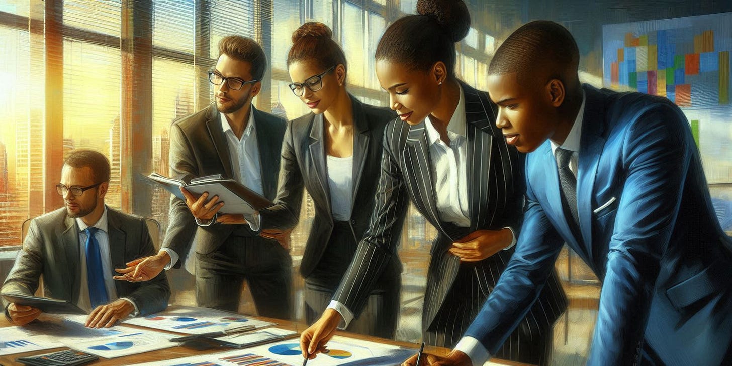 AI generated image of men and women standing over a table, planning a project.  Stylized as an oil painting.