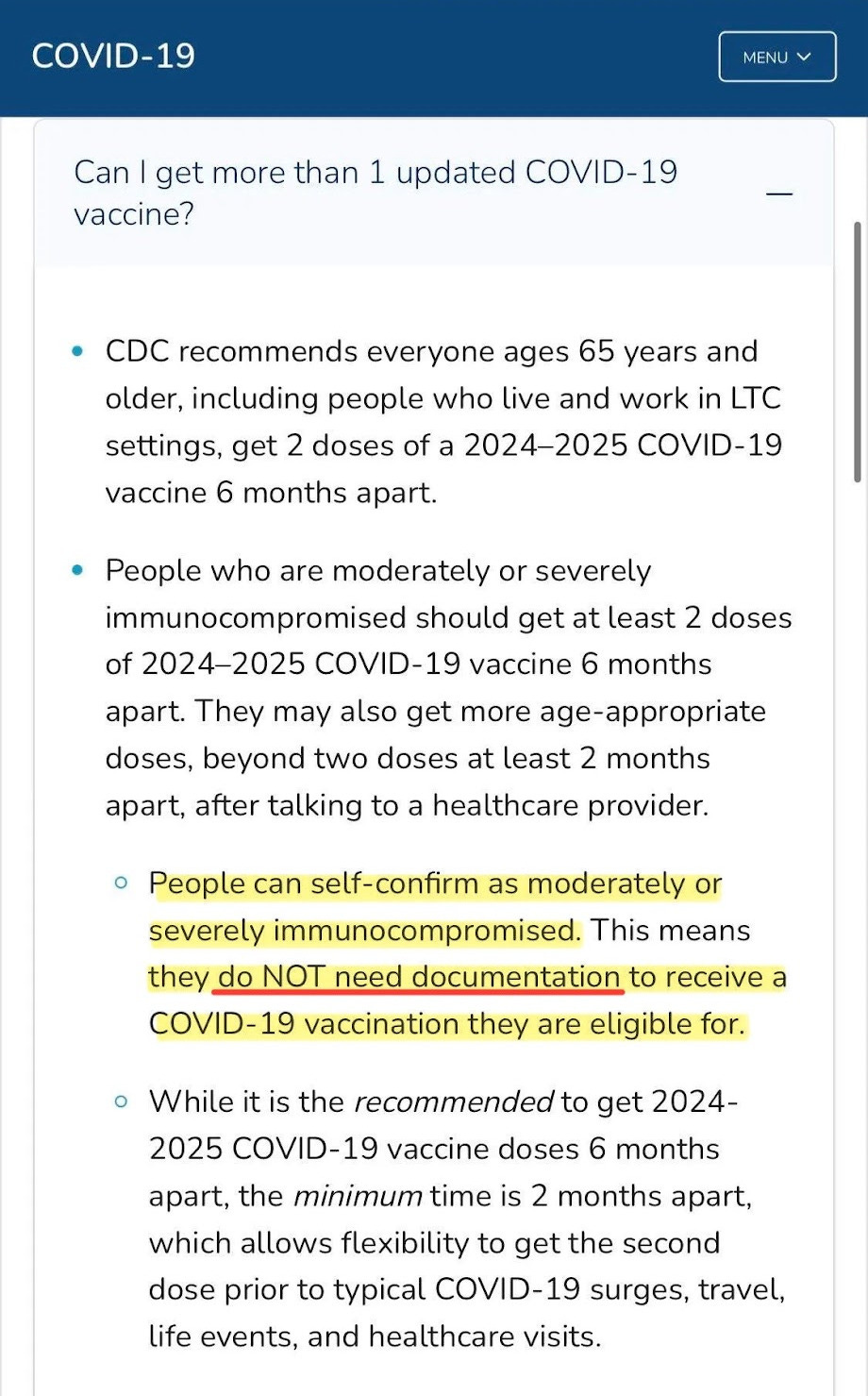 Screenshot from CDC. Highlighted text says: "• People can self-confirm as moderately or severely immunocompromised...they do NOT need documentation to receive a COVID-19 vaccination they are eligible for."