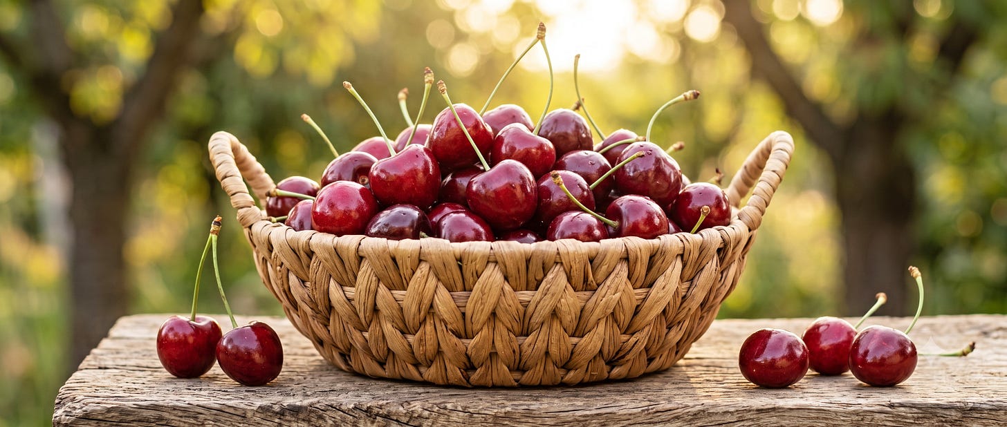 a small basket of tasty dark red cherries on a table in garden