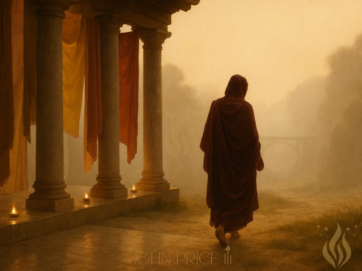 A robed figure walks through the colonnade of an ancient temple in soft golden morning light. Draped fabrics of deep red, gold, and amber hang from stone columns. The person steps barefoot from polished marble onto earth and grass, moving toward a mist-covered canyon where a faint hidden bridge fades into the distance. Candles line the path, casting a warm, sacred glow.