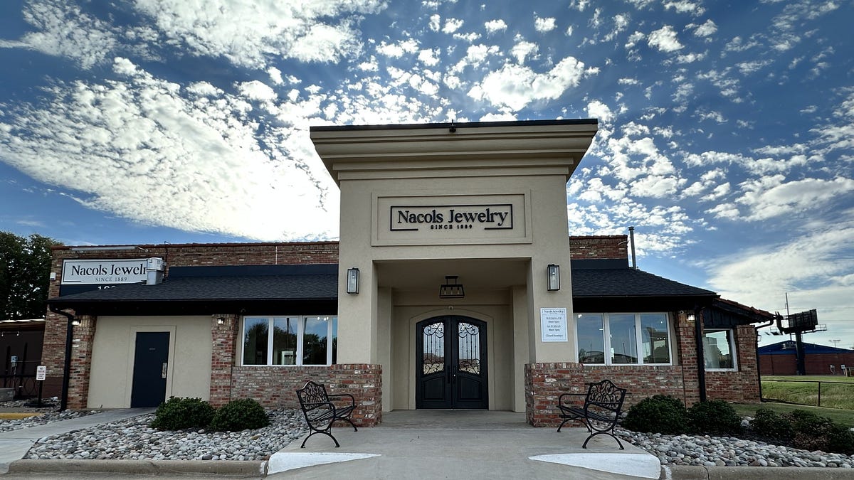 This jewelry store shares space with a bakery